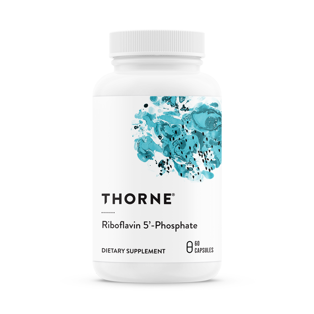 A bottle of Thorne Riboflavin 5'-Phosphate dietary supplement with a white label and blue decorative elements.