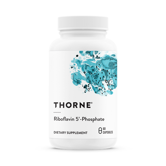 A bottle of Thorne Riboflavin 5'-Phosphate dietary supplement with a white label and blue decorative elements.