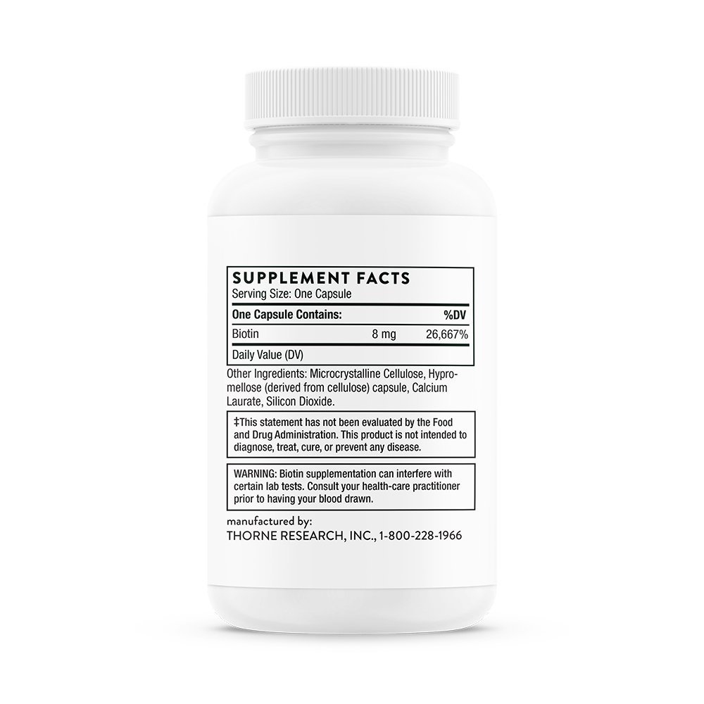 Supplement facts for a  bottle of Thorne Biotin dietary supplement 