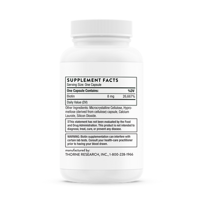 Supplement facts for a  bottle of Thorne Biotin dietary supplement 