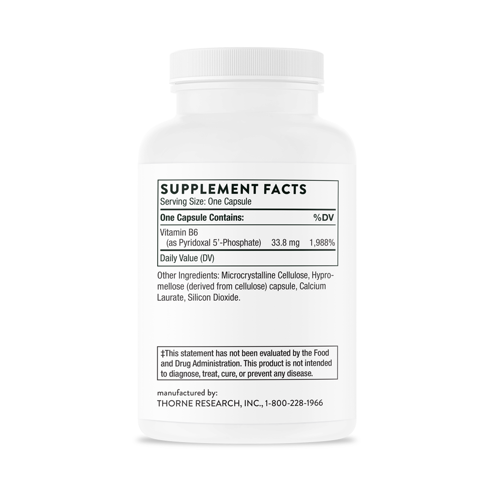 Supplement facts for a bottle of Thorne Pyridoxal 5'-Phosphate dietary supplement