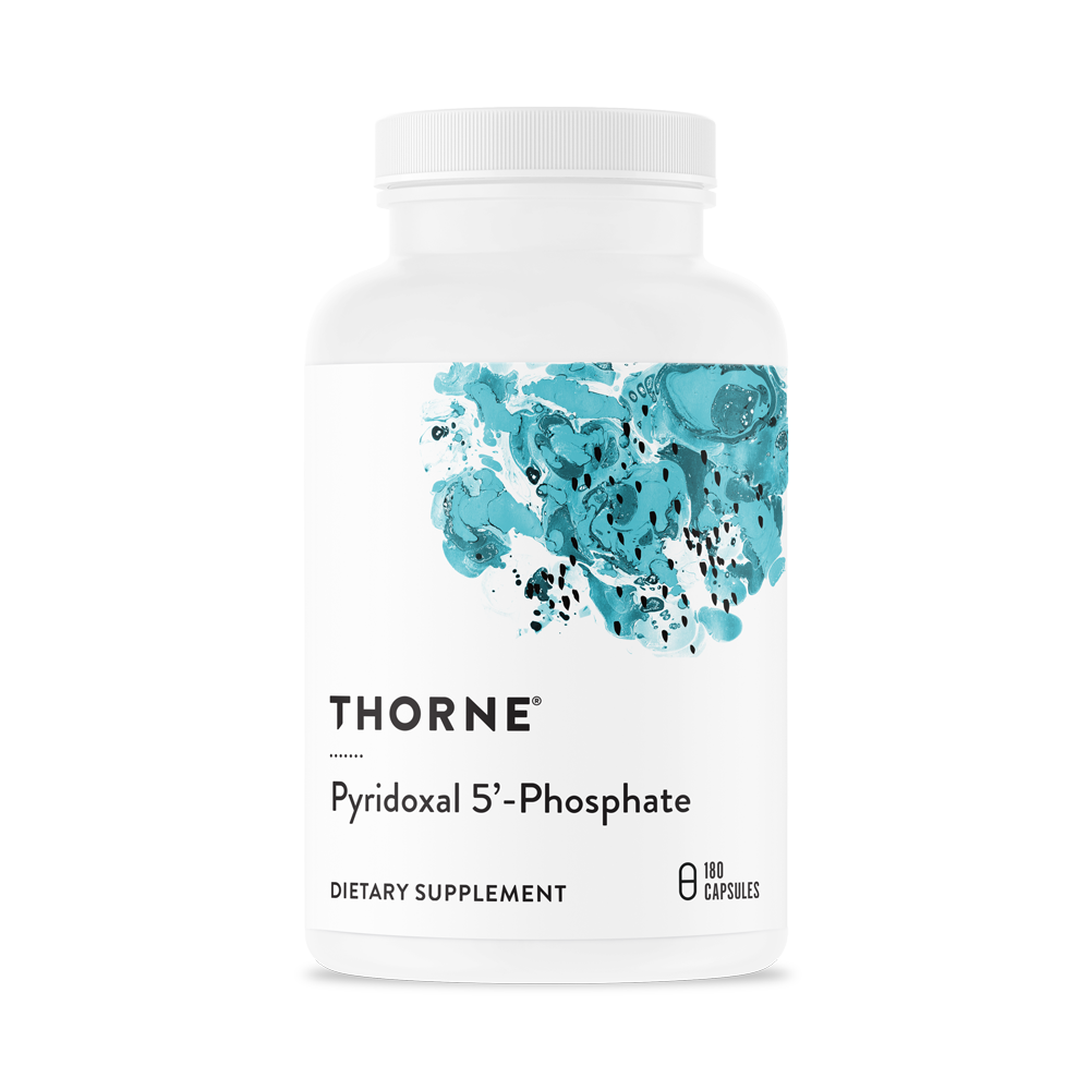 A bottle of Thorne Pyridoxal 5'-Phosphate dietary supplement with capsules inside, predominantly white with blue artistic elements on the label.