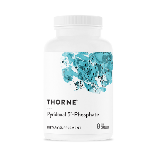 A bottle of Thorne Pyridoxal 5'-Phosphate dietary supplement with capsules inside, predominantly white with blue artistic elements on the label.
