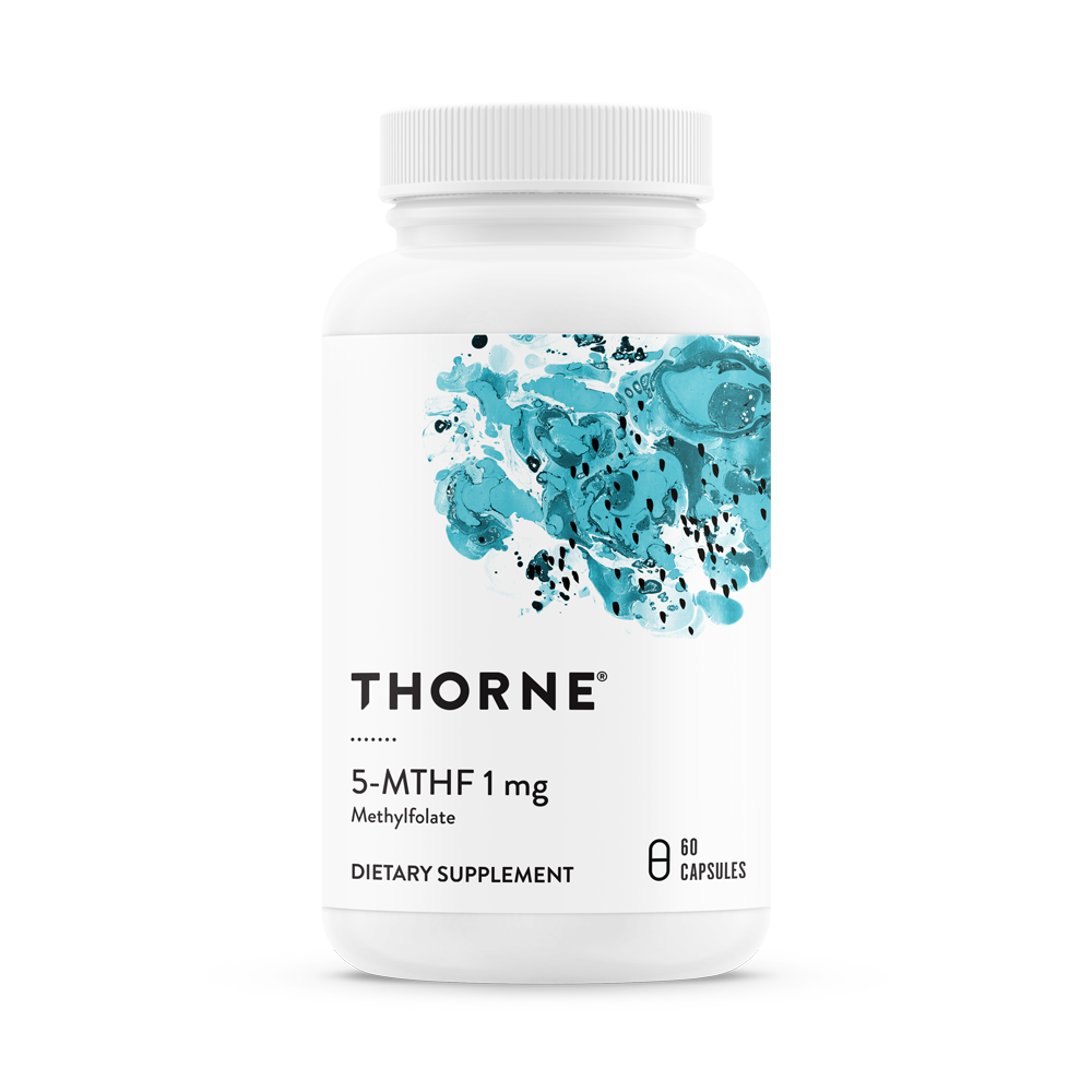 A bottle of Thorne 5-MTHF 1 mg dietary supplement capsules.