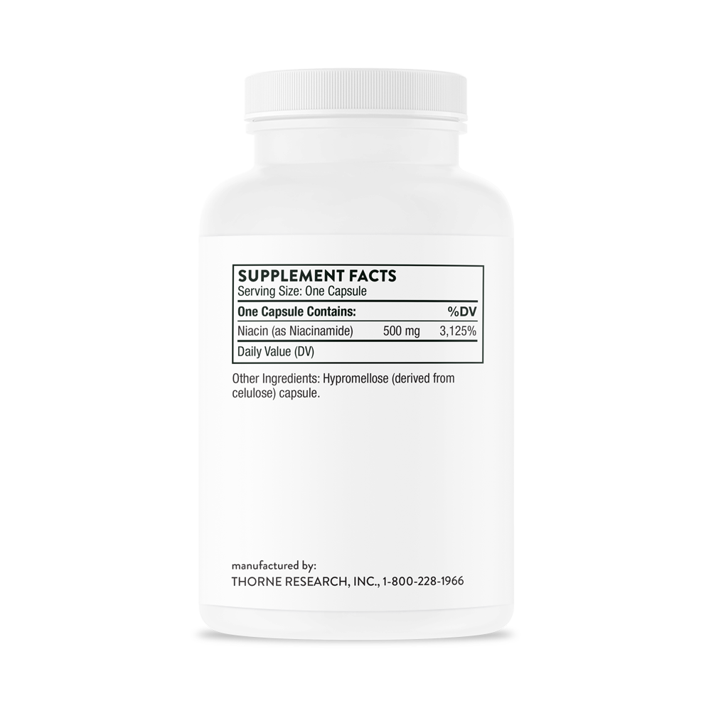 Supplement facts for a bottle of Thorne Niacinamide dietary supplement