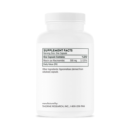 Supplement facts for a bottle of Thorne Niacinamide dietary supplement