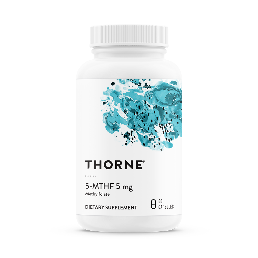 A bottle of Thorne 5-MTHF 5 mg dietary supplement containing small capsules, with a blue and white label.