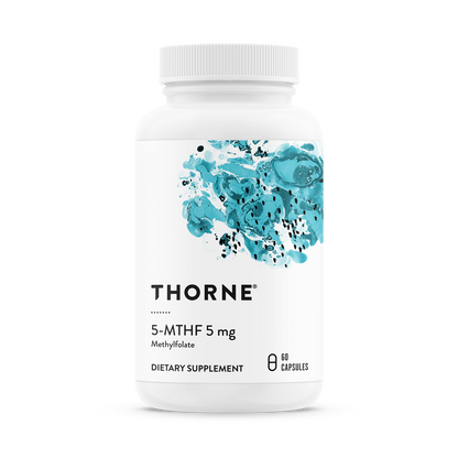 A bottle of Thorne 5-MTHF 5 mg dietary supplement containing small capsules, with a blue and white label.