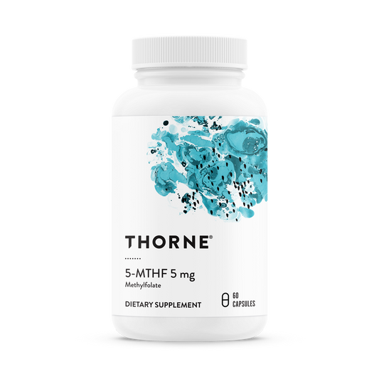 A bottle of Thorne 5-MTHF 5 mg dietary supplement containing small capsules, with a blue and white label.