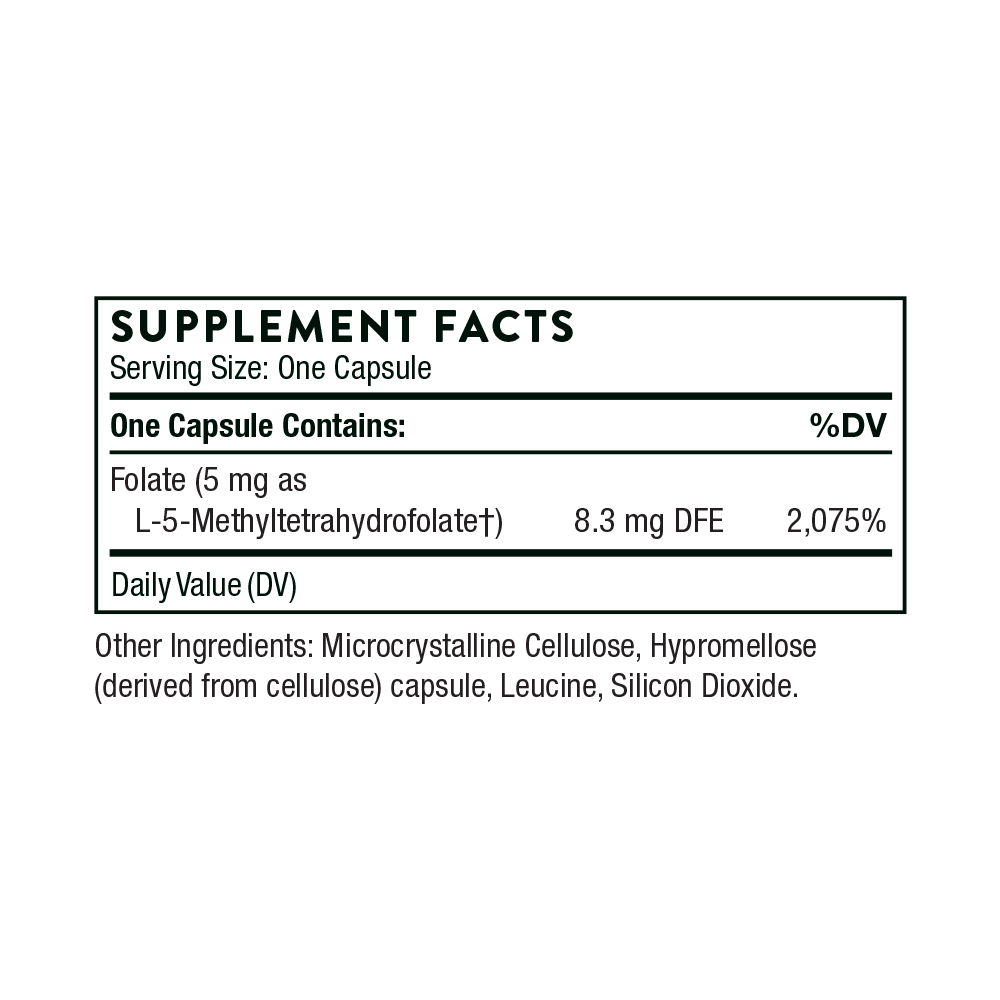 Supplement facts label for a capsule containing L-5-Methyltetrahydrofolate.