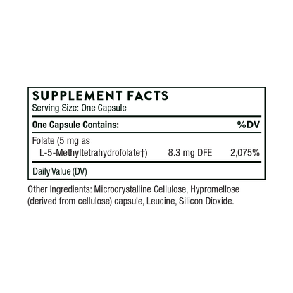 Supplement facts label for a capsule containing L-5-Methyltetrahydrofolate.