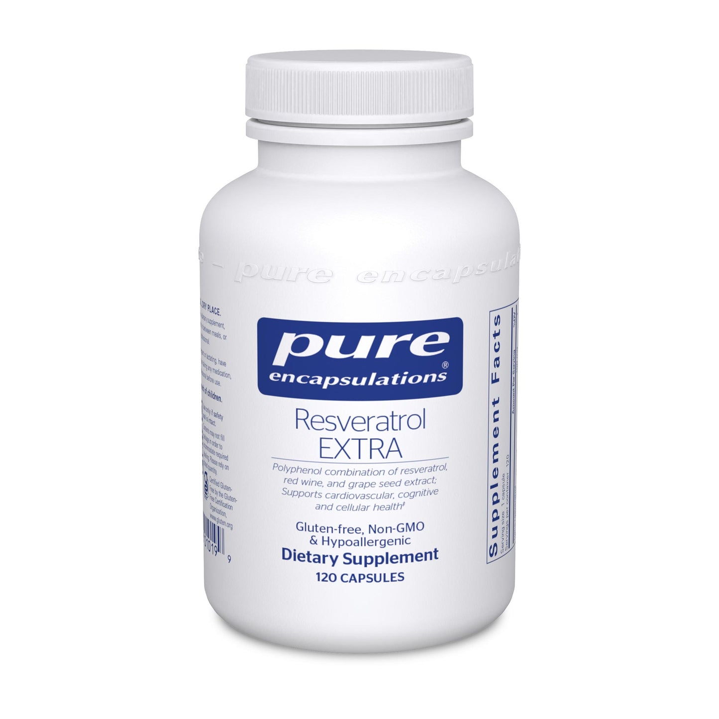 A bottle of Pure Encapsulations Resveratrol EXTRA dietary supplement containing 120 capsules.