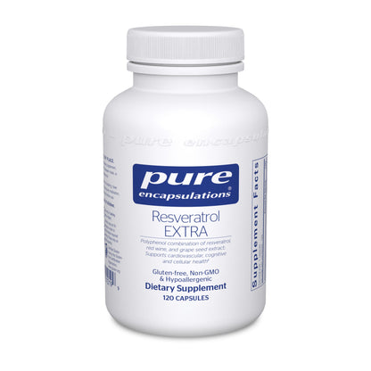 A bottle of Pure Encapsulations Resveratrol EXTRA dietary supplement containing 120 capsules.