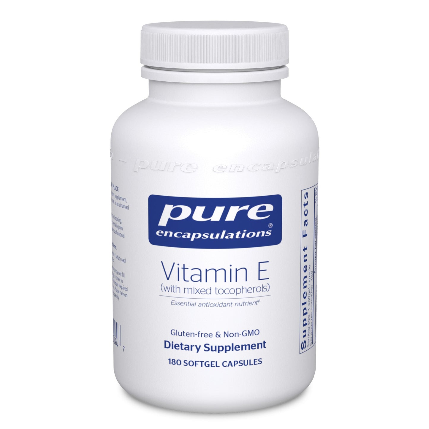 A bottle of Pure Encapsulations Vitamin E with mixed tocopherols, in a white container with a blue label, indicating it is a dietary supplement with 180 softgel capsules.