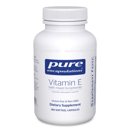 A bottle of Pure Encapsulations Vitamin E with mixed tocopherols, in a white container with a blue label, indicating it is a dietary supplement with 180 softgel capsules.