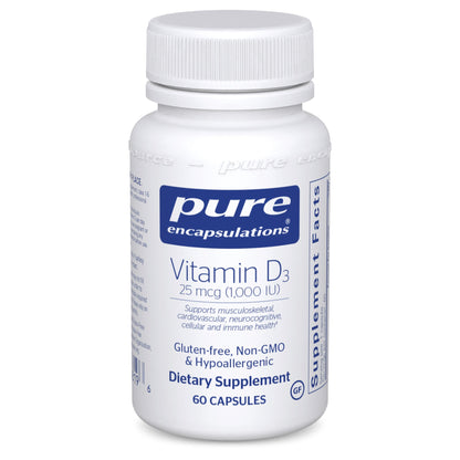 A bottle of Pure Encapsulations Vitamin D3 25 mcg (1,000 IU) capsules with 60 capsules inside.