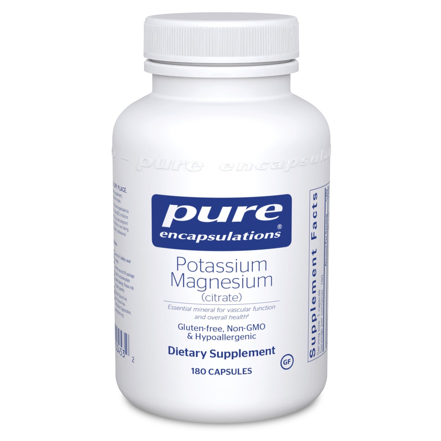 A bottle of Pure Encapsulations Potassium Magnesium (citrate) capsules.