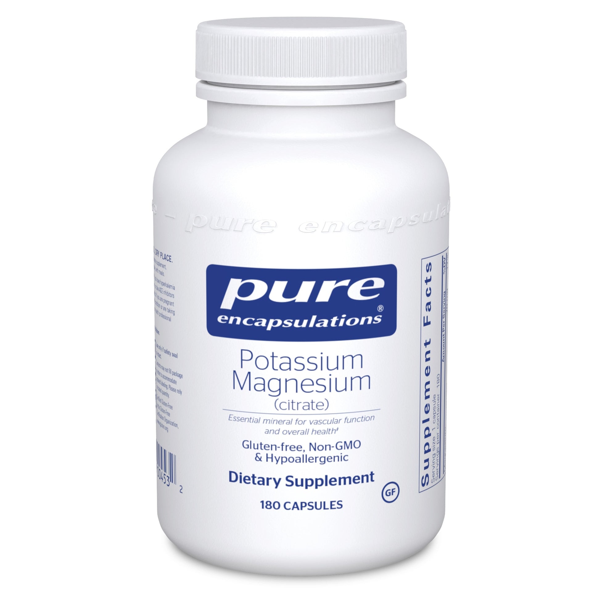 A bottle of Pure Encapsulations Potassium Magnesium (citrate) capsules.