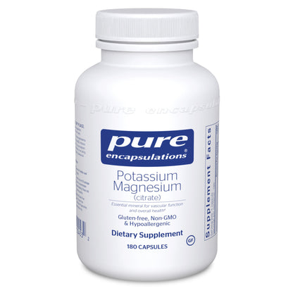 A bottle of Pure Encapsulations Potassium Magnesium (citrate) capsules.