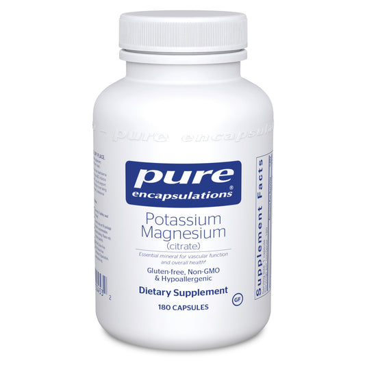 A bottle of Pure Encapsulations Potassium Magnesium (citrate) capsules.