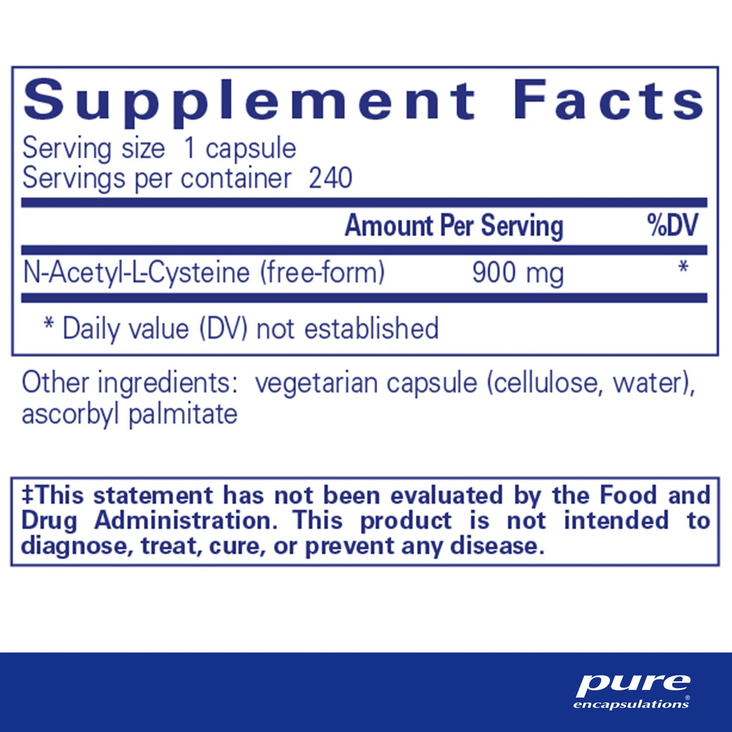 Supplement facts for a bottle of Pure Encapsulations NAC (n-acetyl-l-cysteine)