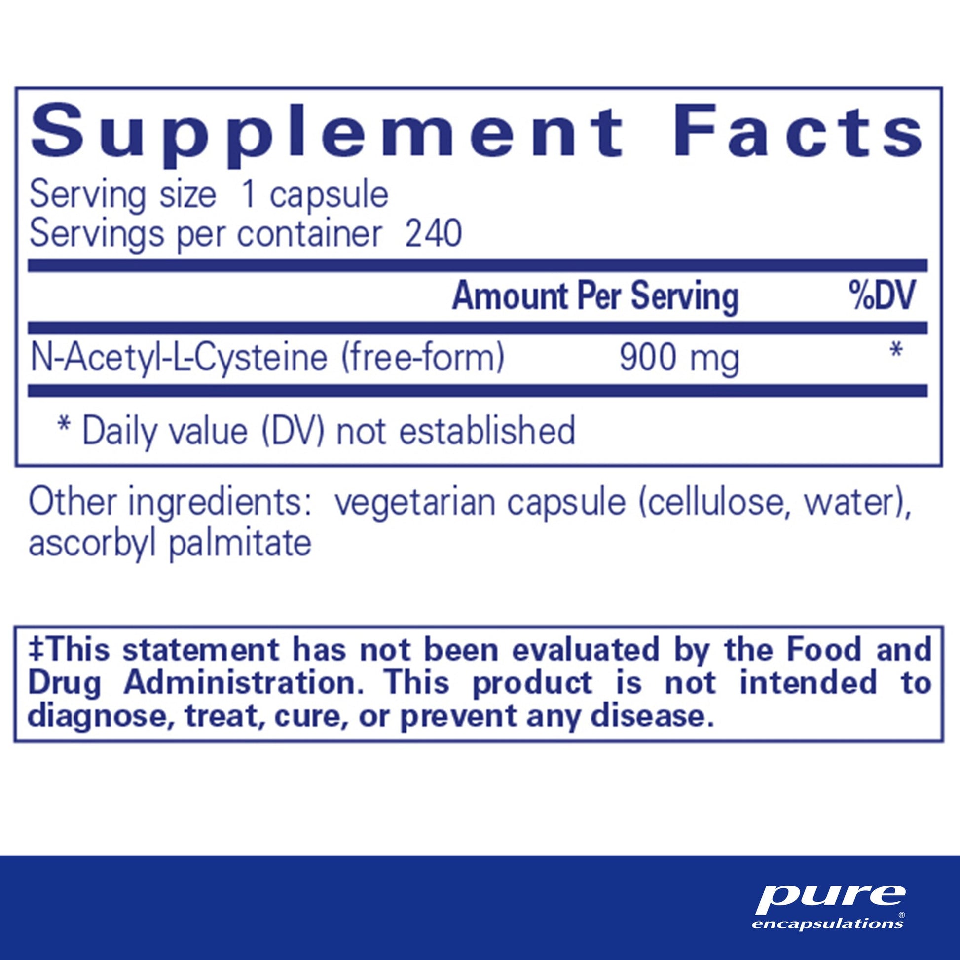 Supplement facts for a bottle of Pure Encapsulations NAC (n-acetyl-l-cysteine)