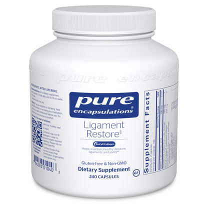A bottle of Pure Encapsulations Ligament Restore dietary supplement with 240 capsules, labeled for supporting joint health.