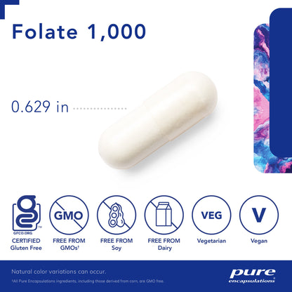 A white, bottle of Pure Encapsulations Folate 1000 dietary supplement capsule that measures .629 inches and is GF, GMO free, soy free, dairy free, vegetarian, and vegan