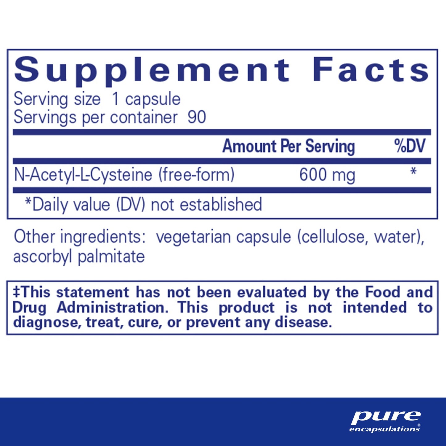 Supplement facts and ingredientg information for A bottle of Pure Encapsulations NAC (N-Acetyl-l-Cysteine) 600 mg dietary supplement 