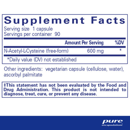 Supplement facts and ingredientg information for A bottle of Pure Encapsulations NAC (N-Acetyl-l-Cysteine) 600 mg dietary supplement 