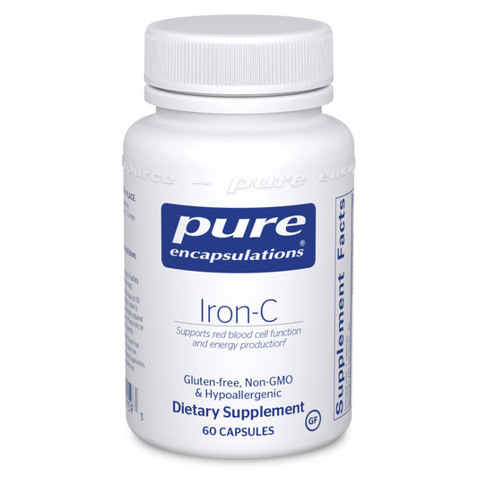 A bottle of Pure Encapsulations Iron C dietary supplement with 60 capsules. The label indicates it supports red blood cell function and energy production, is gluten-free, non-GMO, and hypoallergenic.
