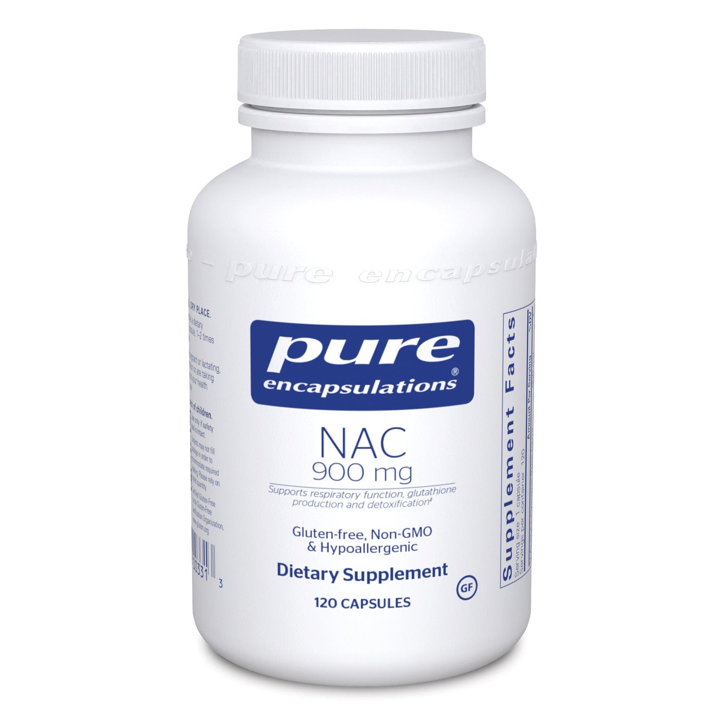 A bottle of Pure Encapsulations NAC (n-acetyl-l-cysteine) 900 mg dietary supplement containing 120 capsules.