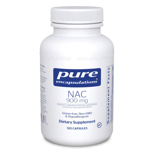A bottle of Pure Encapsulations NAC (n-acetyl-l-cysteine) 900 mg dietary supplement containing 120 capsules.