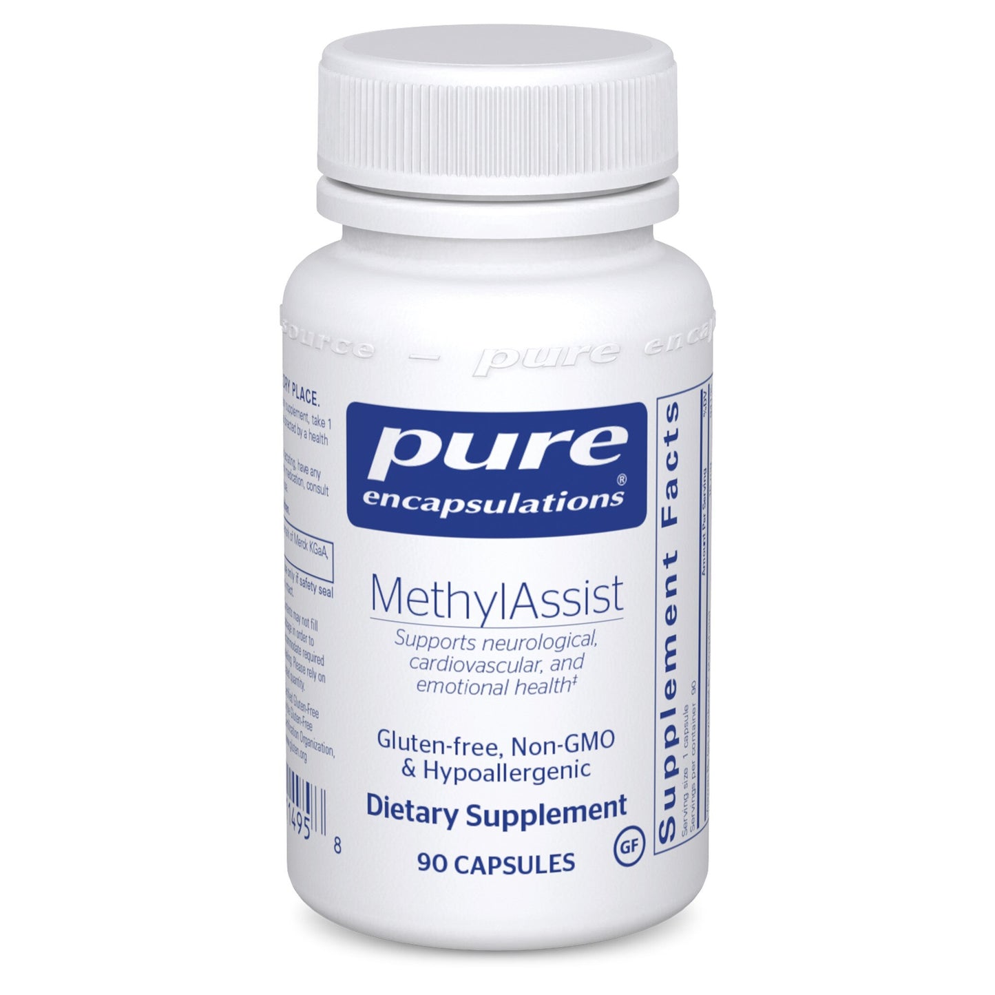 A bottle of Pure Encapsulations MethylAssist dietary supplement with 90 capsules, labeled as gluten-free, non-GMO, and hypoallergenic.
