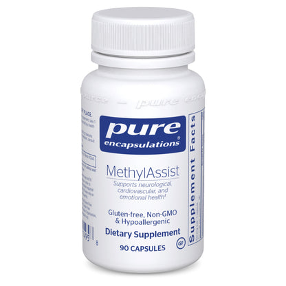 A bottle of Pure Encapsulations MethylAssist dietary supplement with 90 capsules, labeled as gluten-free, non-GMO, and hypoallergenic.