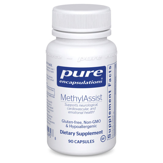 A bottle of Pure Encapsulations MethylAssist dietary supplement with 90 capsules, labeled as gluten-free, non-GMO, and hypoallergenic.