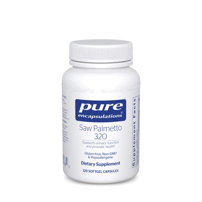 A bottle of Pure Encapsulations Saw Palmetto 320 dietary supplement with white labeling.