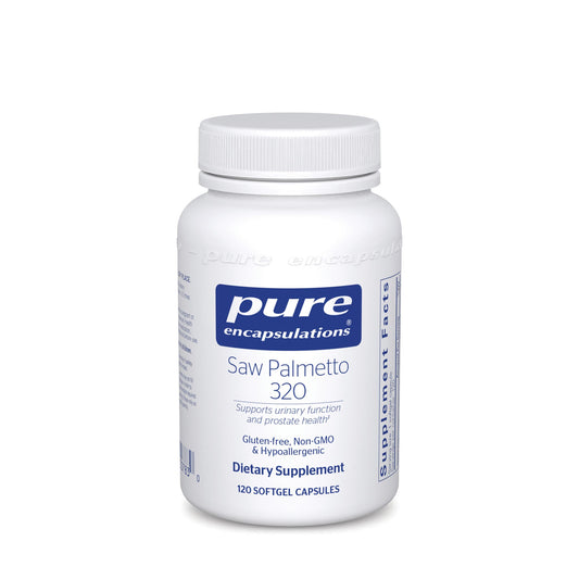 A bottle of Pure Encapsulations Saw Palmetto 320 dietary supplement with white labeling.