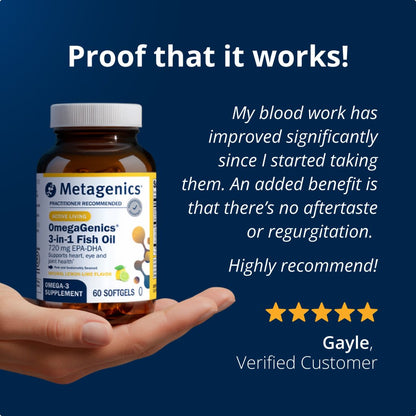 A picture if a bottle of Omegagenics 3 in 1 fish oil with a positive customer review next to it.  