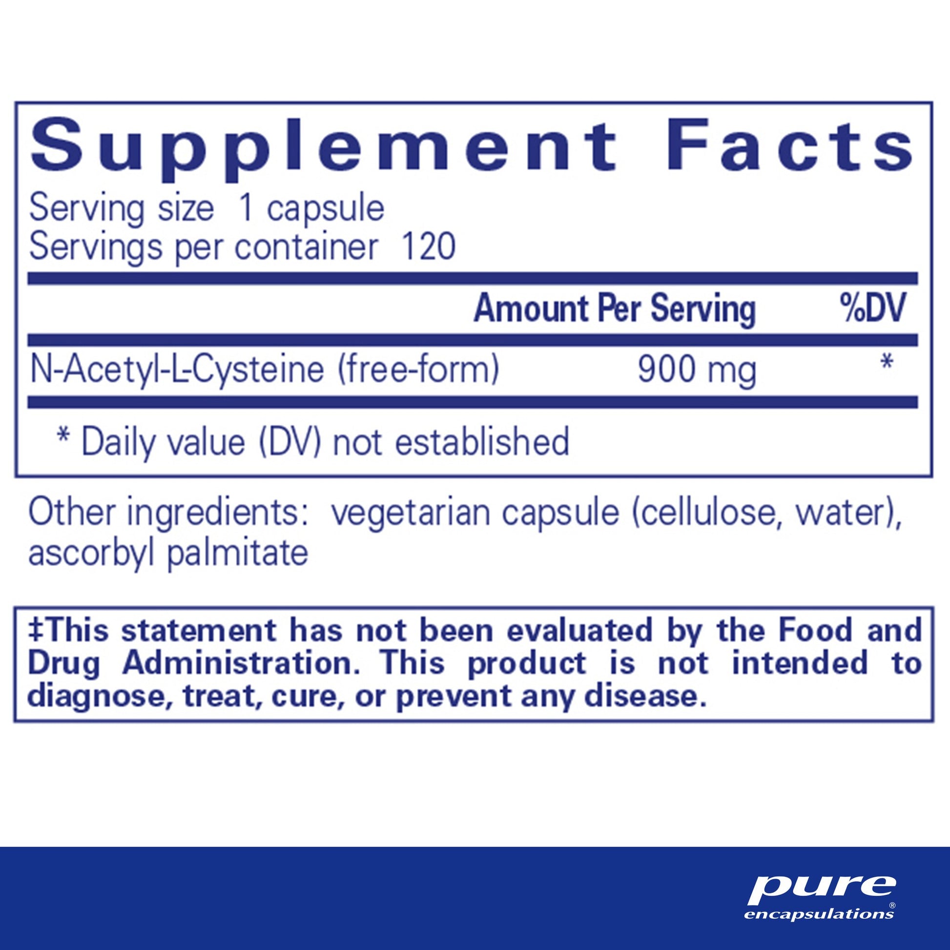 Supplement facts for a bottle of Pure Encapsulations NAC (n-acetyl-l-cysteine)
