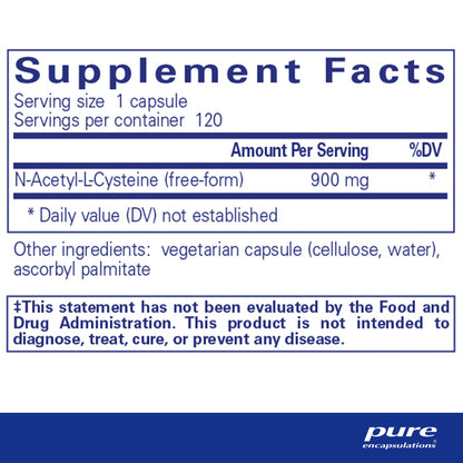 Supplement facts for a bottle of Pure Encapsulations NAC (n-acetyl-l-cysteine)