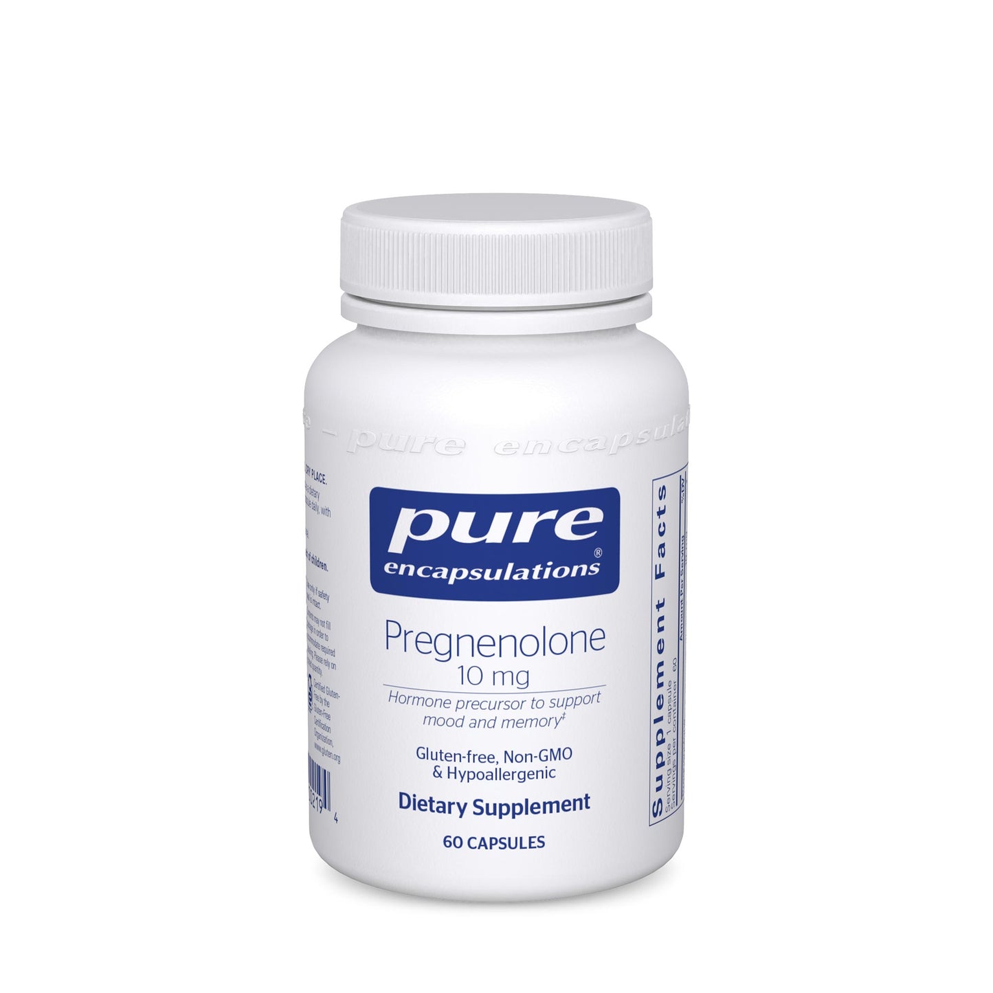 A bottle of Pure Encapsulations Pregnenolone 10 mg dietary supplement containing 60 capsules.