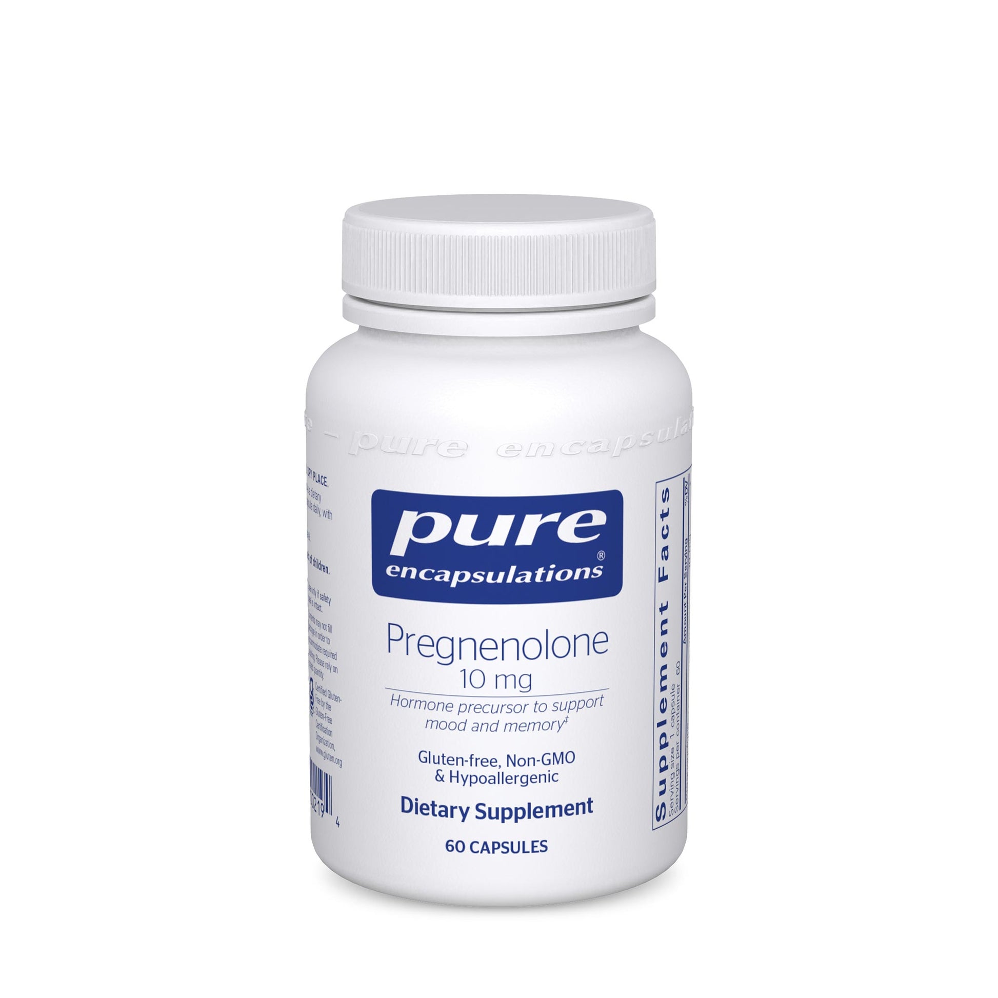A bottle of Pure Encapsulations Pregnenolone 10 mg dietary supplement containing 60 capsules.