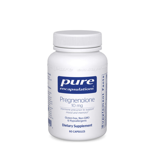A bottle of Pure Encapsulations Pregnenolone 10 mg dietary supplement containing 60 capsules.