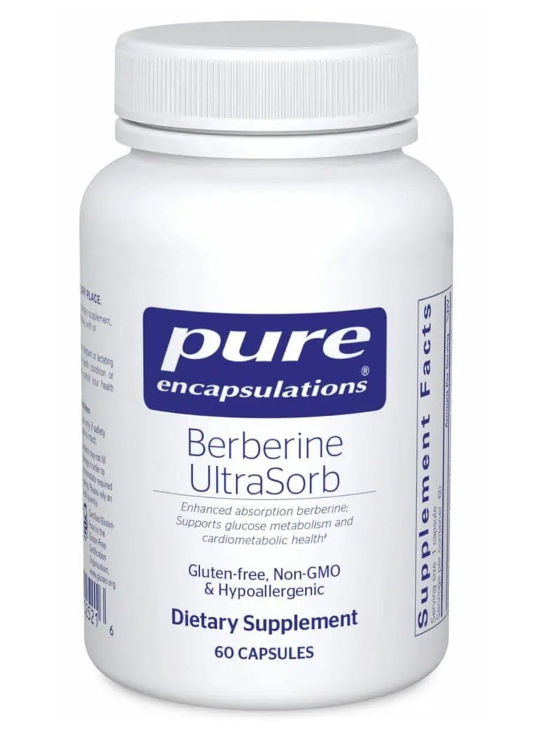 A bottle of Pure Encapsulations Berberine UltraSorb dietary supplement with 60 capsules, marked as gluten-free, non-GMO, and hypoallergenic.