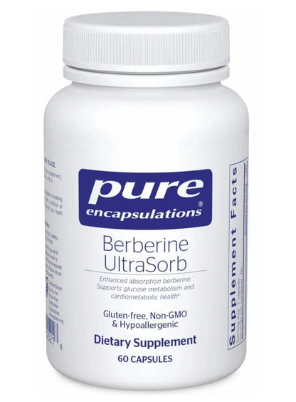 A bottle of Pure Encapsulations Berberine UltraSorb dietary supplement with 60 capsules, marked as gluten-free, non-GMO, and hypoallergenic.