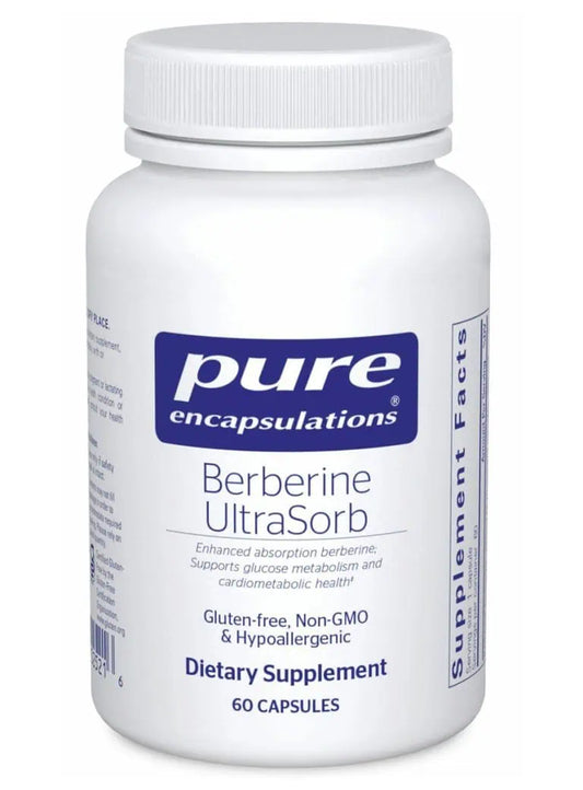 A bottle of Pure Encapsulations Berberine UltraSorb dietary supplement with 60 capsules, marked as gluten-free, non-GMO, and hypoallergenic.
