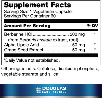 Supplement facts for a bottle of Douglas Labs Berberine Balance dietary supplement