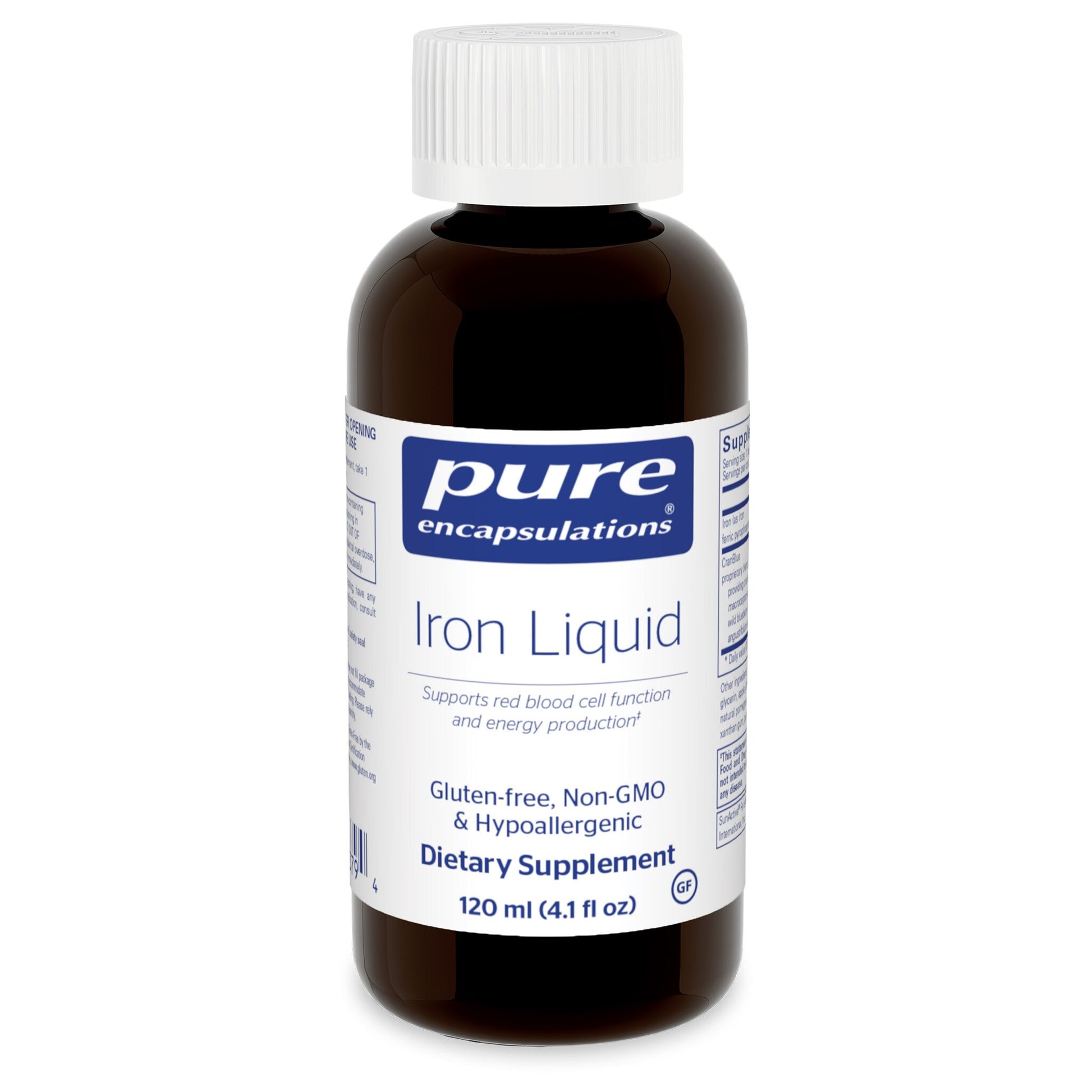 A bottle of Pure Encapsulations Iron Liquid dietary supplement, with a white label and blue accents on a white background.