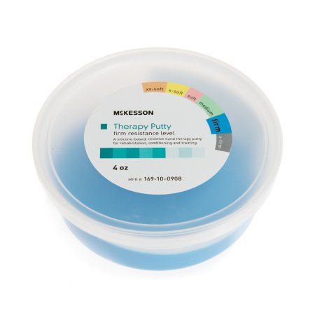 A container of McKesson Therapy Putty in blue, with a label indicating resistance levels and safety information.